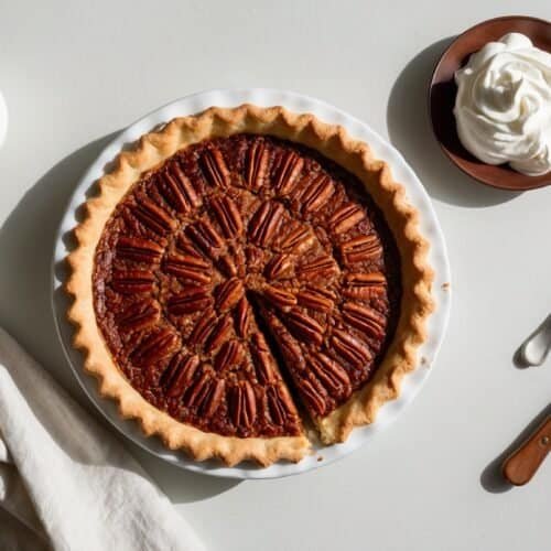 A pecan pie with a missing slice, a small pitcher of cream, a napkin, and a plate of whipped cream with utensils are placed on a light surface, inviting you to indulge in this classic pecan pie recipe.