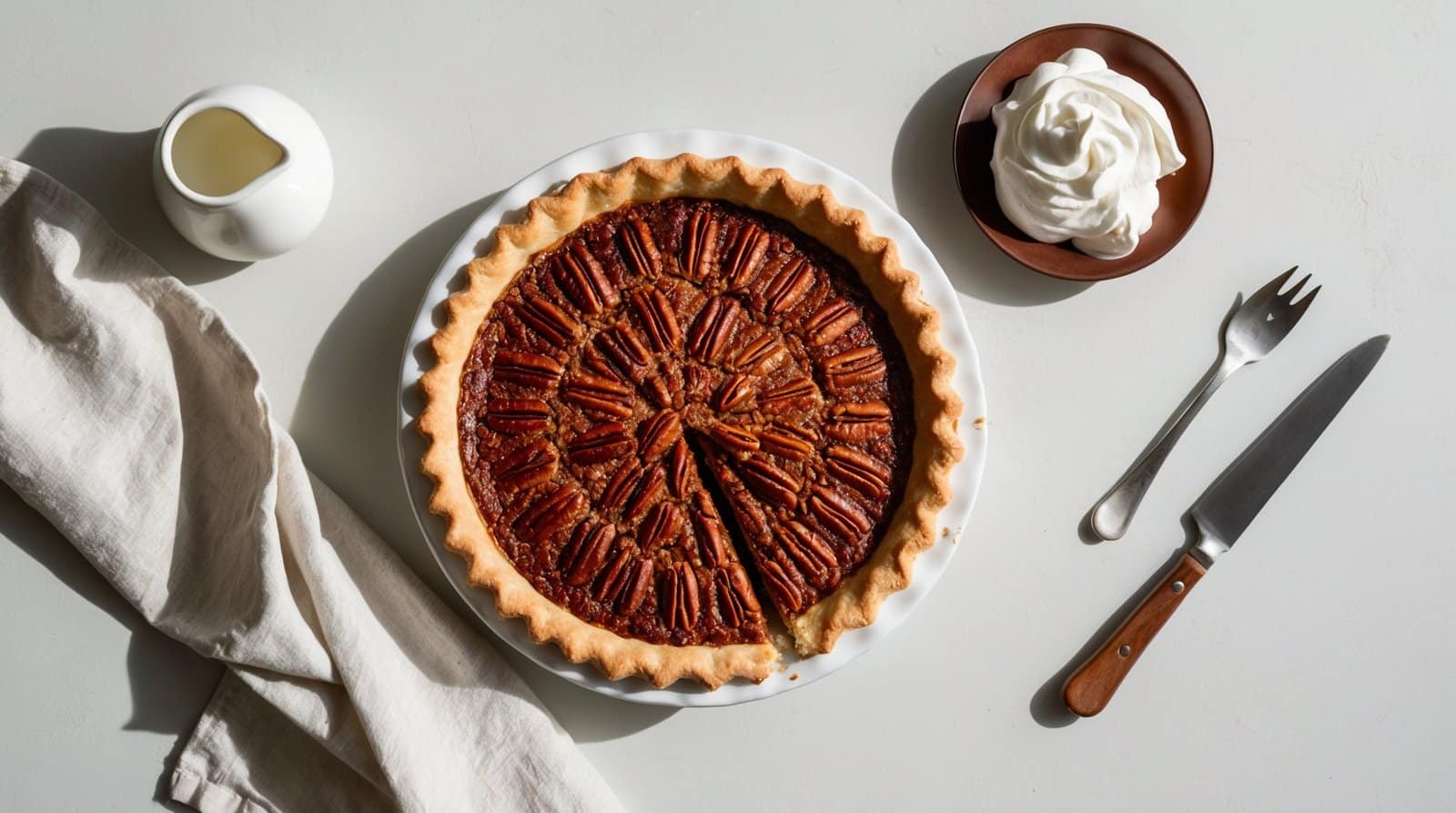 A pecan pie with a missing slice, a small pitcher of cream, a napkin, and a plate of whipped cream with utensils are placed on a light surface, inviting you to indulge in this classic pecan pie recipe.