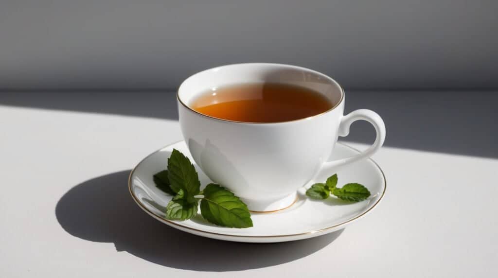 A white teacup filled with soothing peppermint tea sits on a matching saucer. Fresh mint leaves are placed next to the cup on the saucer, perfect for relaxation. The background is plain and well-lit.