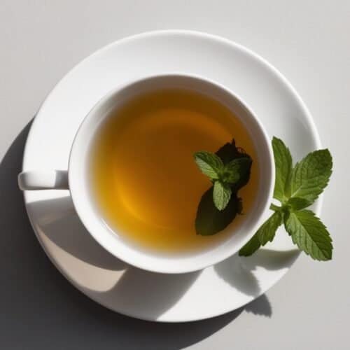 A white cup of soothing peppermint tea with mint leaves, placed on a matching saucer, viewed from above on a light grey surface.