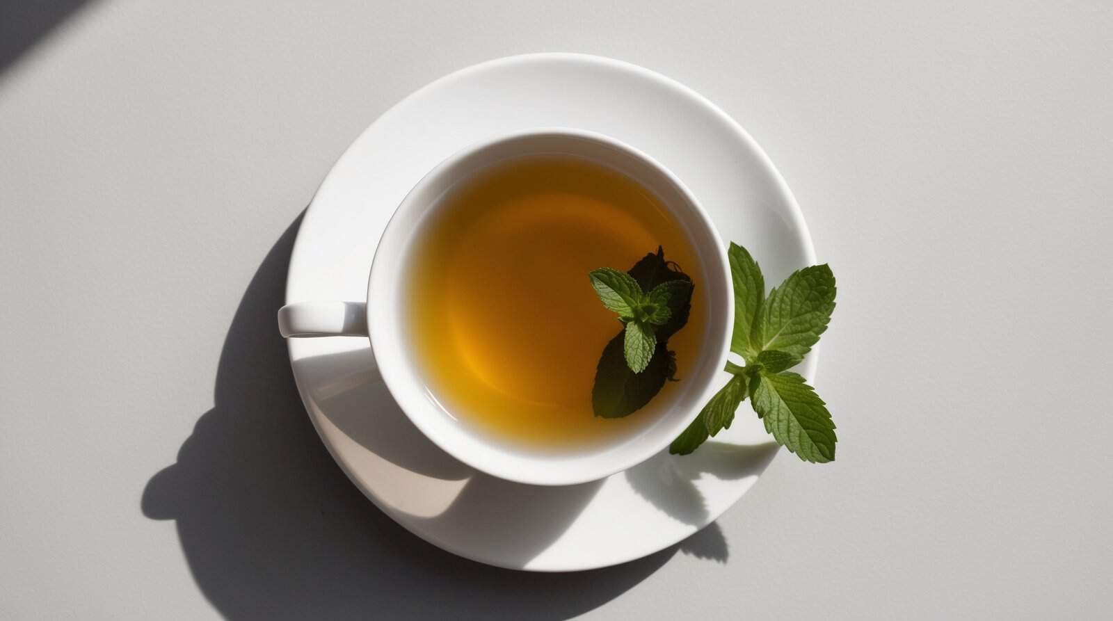 A white cup of soothing peppermint tea with mint leaves, placed on a matching saucer, viewed from above on a light grey surface.