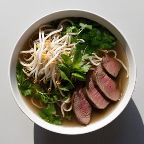A bowl of Vietnamese pho featuring sliced beef, bean sprouts, cilantro, and rice noodles in broth sits invitingly on a white surface. This traditional recipe brings together a harmonious blend of flavors and textures that's truly irresistible.