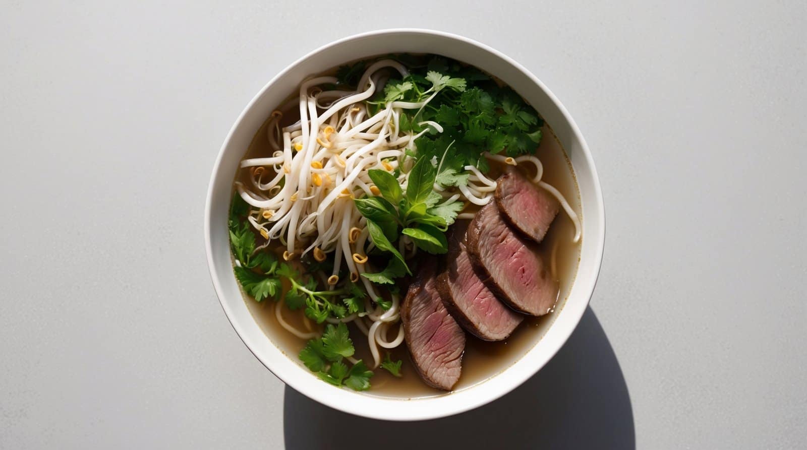 A bowl of Vietnamese pho featuring sliced beef, bean sprouts, cilantro, and rice noodles in broth sits invitingly on a white surface. This traditional recipe brings together a harmonious blend of flavors and textures that's truly irresistible.