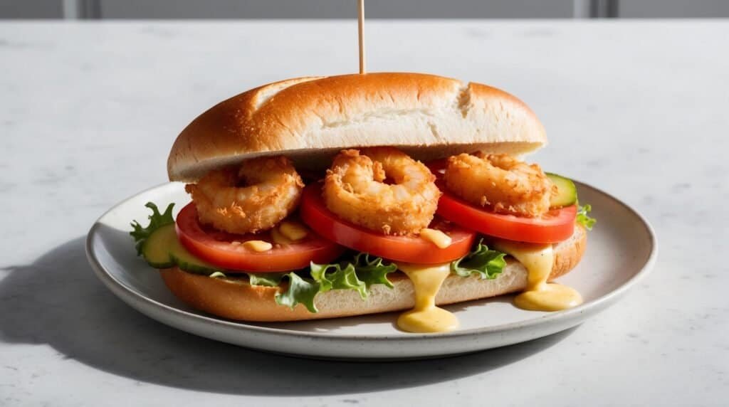 A sandwich on a plate contains breaded shrimp, tomato slices, lettuce, cucumber slices, and sauce inside a bun, with sauce dripping onto the plate. This classic New Orleans-style Po'boys Recipe is sure to tantalize your tastebuds.