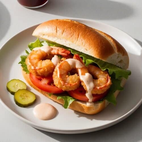 A sandwich with shrimp, lettuce, and tomato on a white plate, served with three cucumber slices and a dollop of sauce—a true Classic Po'boys delight.