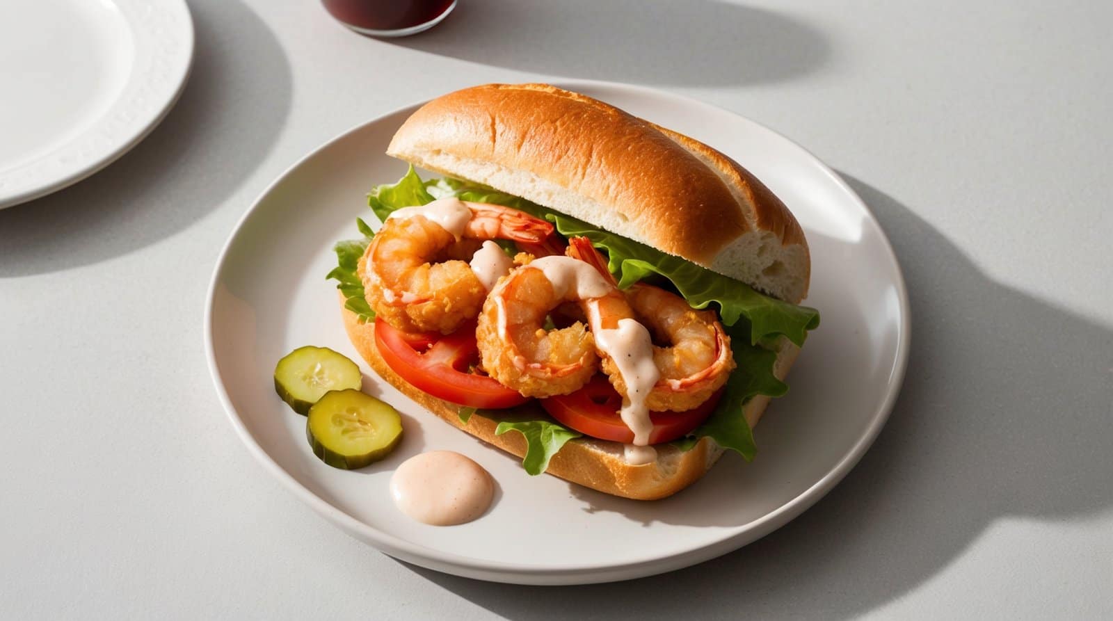 A sandwich with shrimp, lettuce, and tomato on a white plate, served with three cucumber slices and a dollop of sauce—a true Classic Po'boys delight.