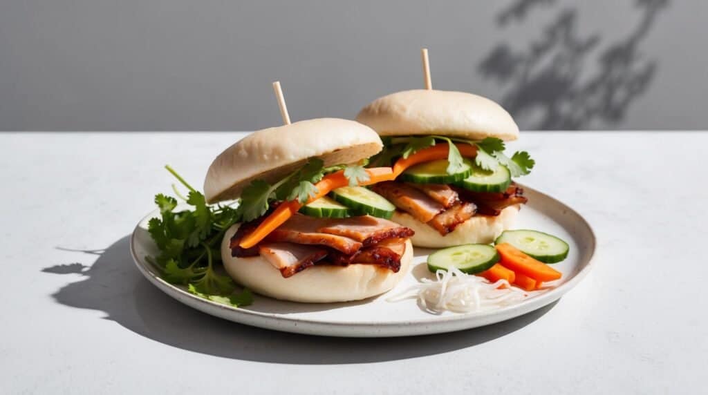 Two steamed buns filled with savory and sweet grilled pork belly, cucumber slices, carrot strips, and cilantro on a white plate. This recipe is garnished with extra cucumber, carrot pieces, and rice noodles on a light surface.