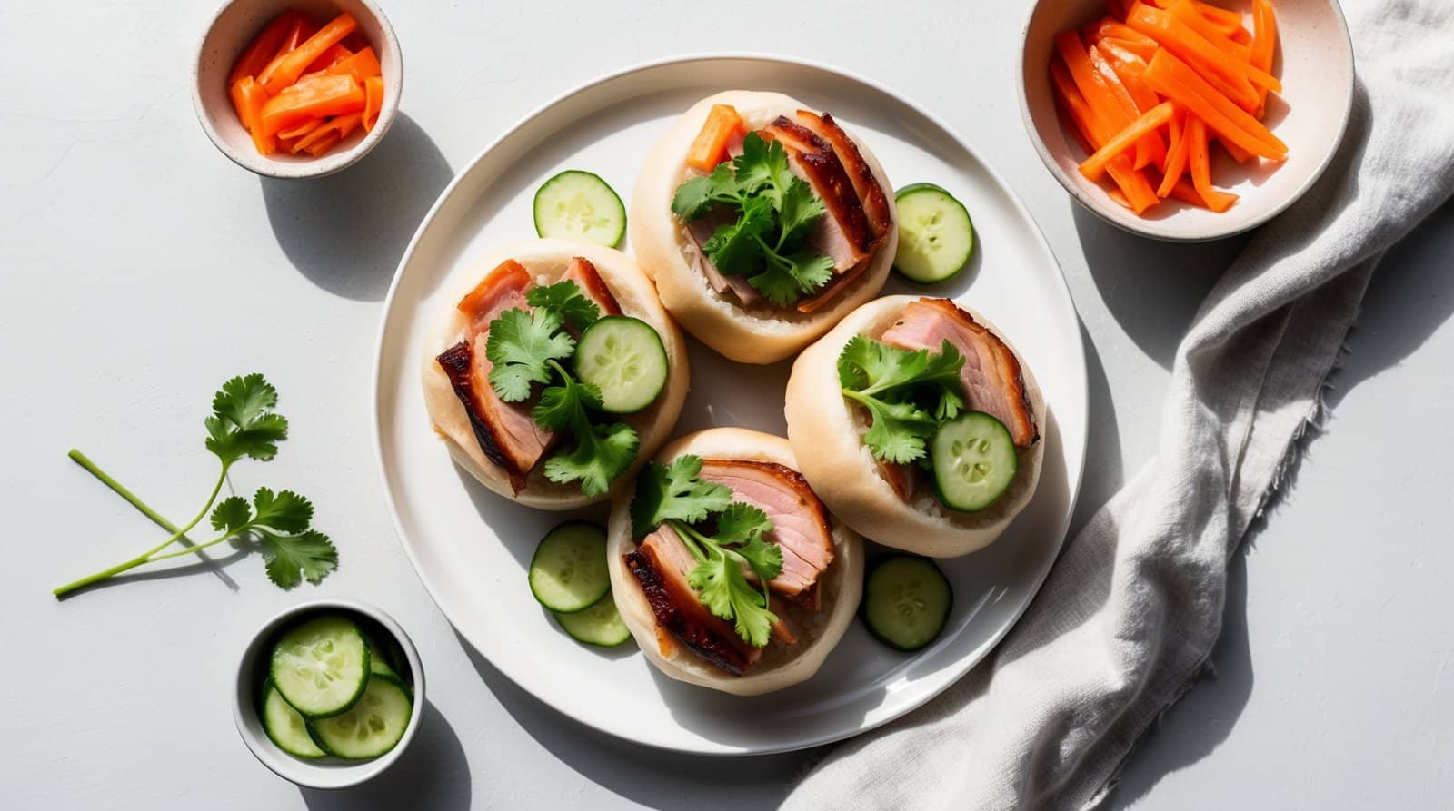 Three bao buns filled with savory pork belly, cucumber slices, and cilantro, plated on a white dish. Accompanied by bowls of sliced carrots and cucumbers, with additional garnish on the side.