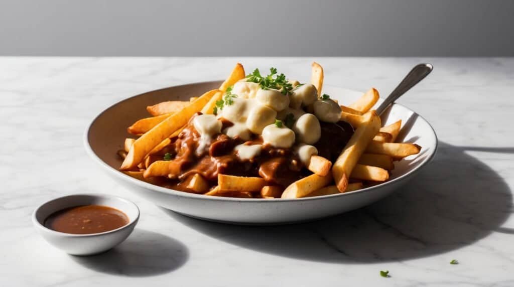 A white bowl filled with classic Canadian Poutine: fries topped with cheese curds, gravy, and parsley, accompanied by a small bowl of extra gravy on the side.