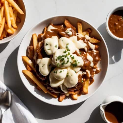 A plate of Canadian Poutine, topped with cheese curds and gravy, accompanied by a bowl of fries, a small bowl of sauce, and a white napkin with a spoon and fork.