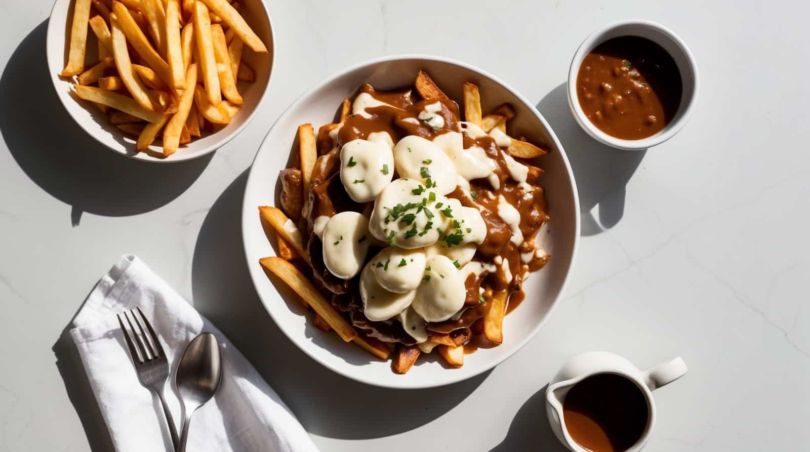 A plate of Canadian Poutine, topped with cheese curds and gravy, accompanied by a bowl of fries, a small bowl of sauce, and a white napkin with a spoon and fork.