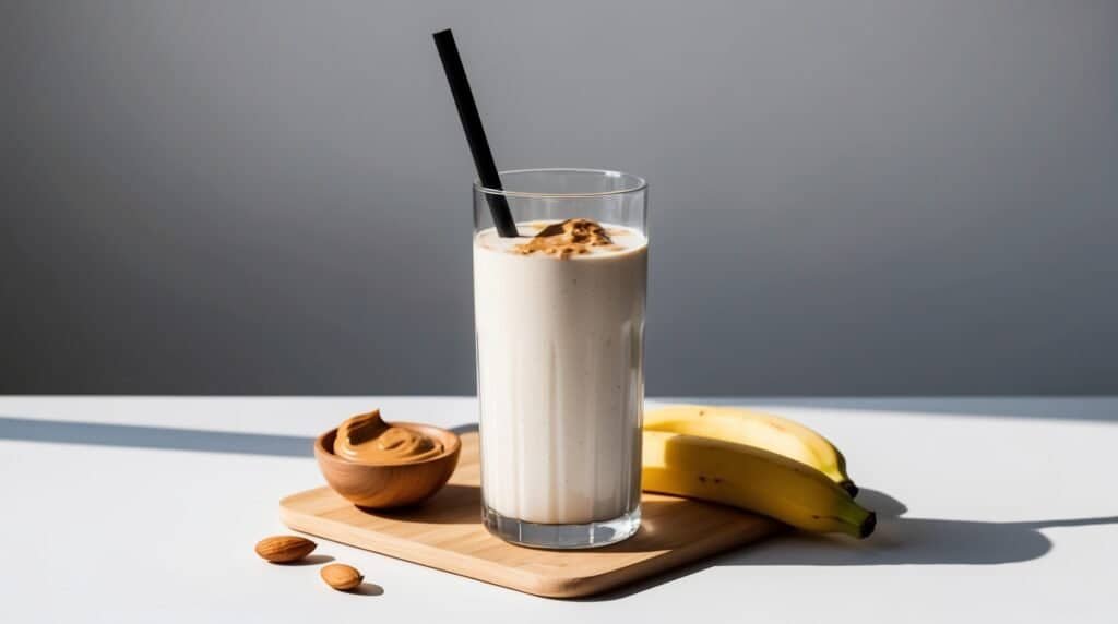 A glass of banana and peanut butter smoothie, perfect as a quick protein shake, with a black straw set on a wooden board, accompanied by a bowl of almonds, a small bowl of peanut butter, and two bananas.