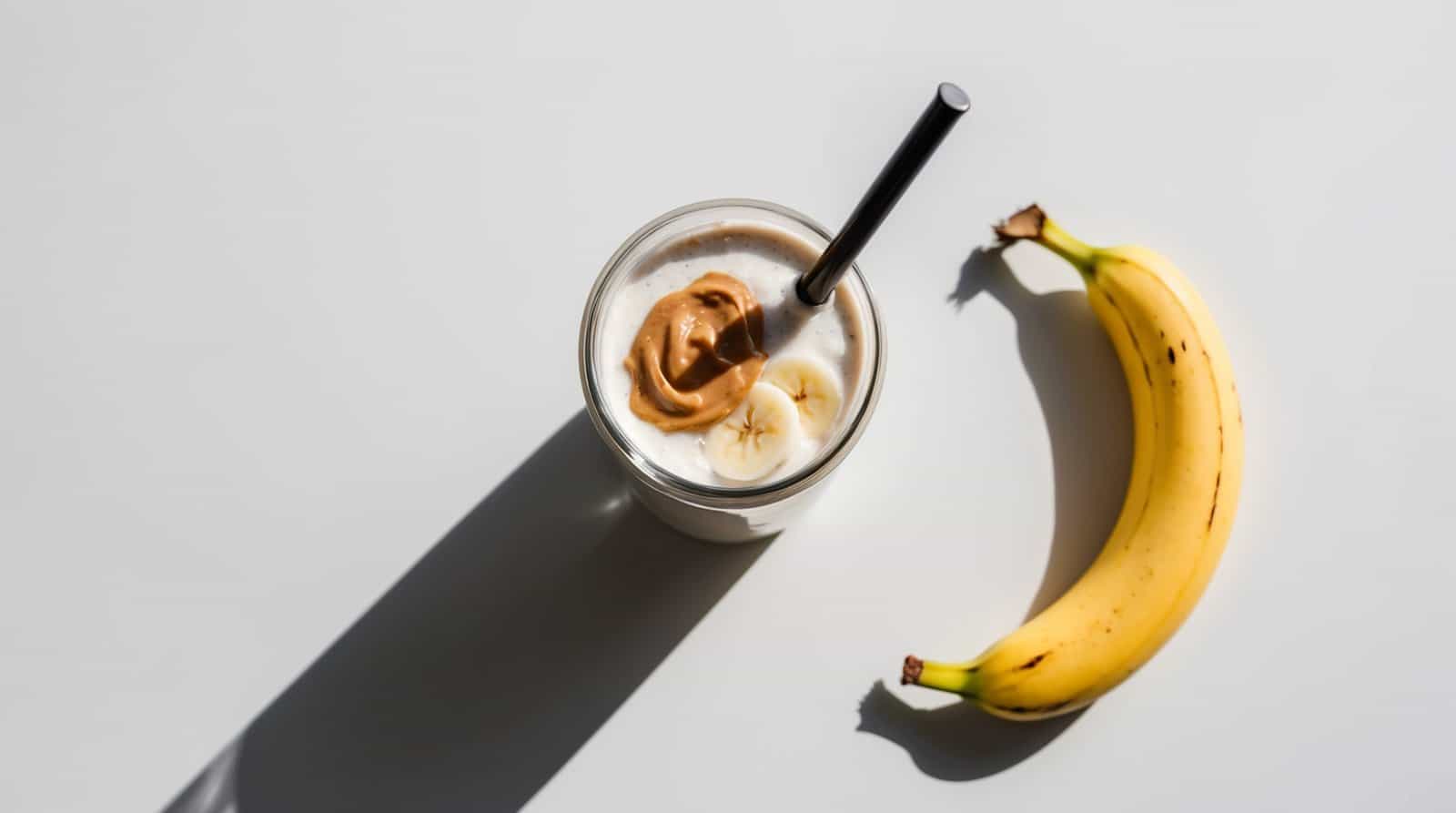 A quick, frothy smoothie with banana slices and a dollop of nut butter, accompanied by a black straw, sits next to a ripe yellow banana on a white background – the perfect nutritious protein shake.