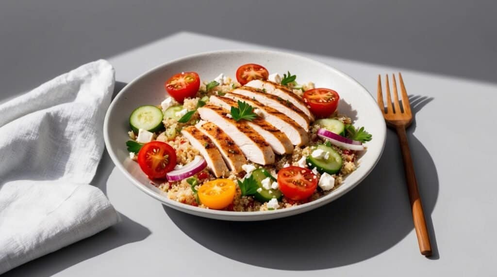 A white bowl filled with a nutritious quinoa salad topped with grilled chicken slices, cherry tomatoes, cucumber, red onion, feta cheese, and garnished with parsley. A wooden fork and a cloth napkin are beside the bowl.