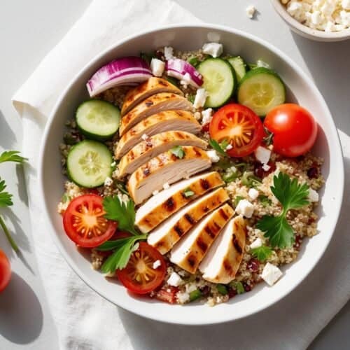 A nutritious bowl of quinoa salad with grilled chicken slices, cherry tomatoes, cucumber slices, red onion, parsley, and feta cheese. Additional cherry tomatoes and a bowl of feta are on the side.