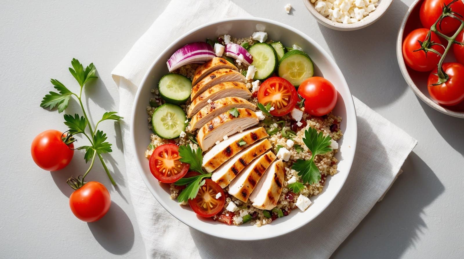 A nutritious bowl of quinoa salad with grilled chicken slices, cherry tomatoes, cucumber slices, red onion, parsley, and feta cheese. Additional cherry tomatoes and a bowl of feta are on the side.