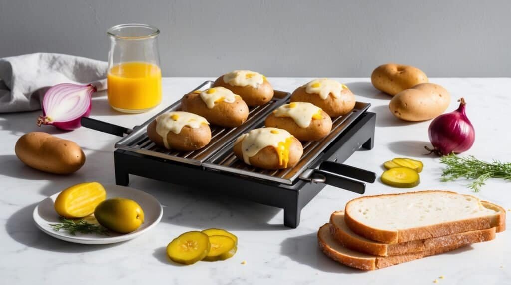 Six potatoes with melted cheese on a heated grill, reminiscent of a traditional Swiss Raclette recipe, surrounded by sliced bread, pickles, a jar of orange juice, and a whole red onion on a white surface.