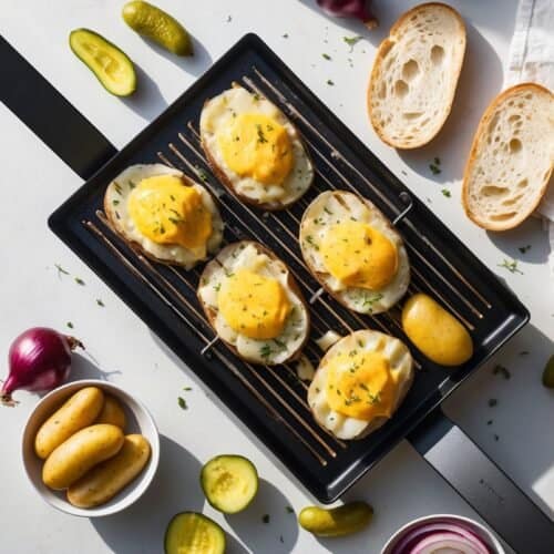An overhead view of a baking tray with six raclette cheese-topped potatoes. Surrounding the tray are sliced bread, pickles, red onions, unpeeled boiled potatoes in a bowl, and a white cloth. This setup highlights the essence of a traditional Swiss Raclette recipe.