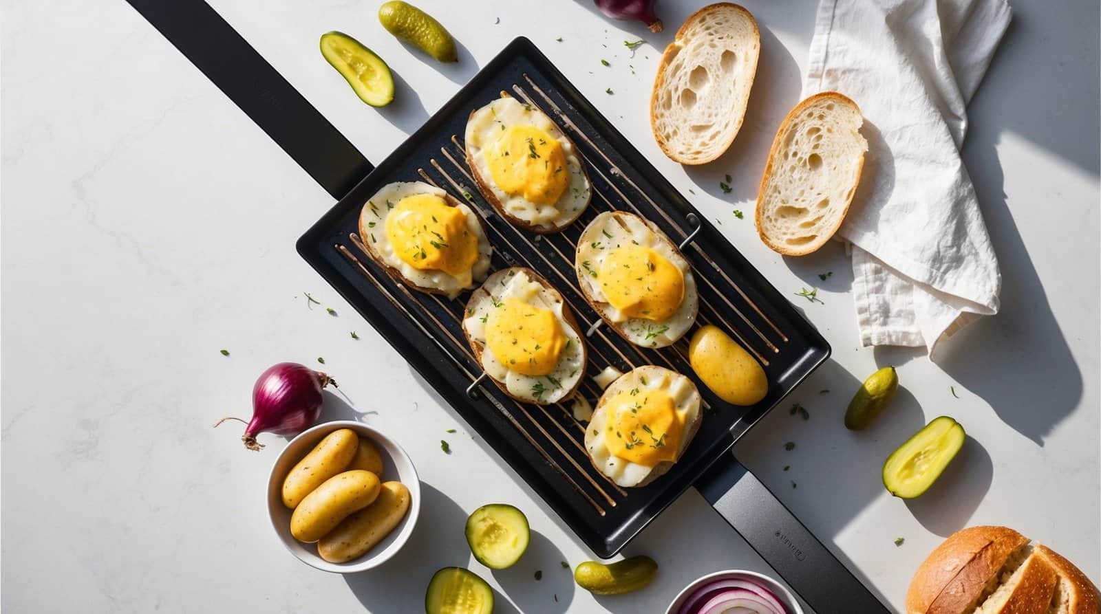 An overhead view of a baking tray with six raclette cheese-topped potatoes. Surrounding the tray are sliced bread, pickles, red onions, unpeeled boiled potatoes in a bowl, and a white cloth. This setup highlights the essence of a traditional Swiss Raclette recipe.