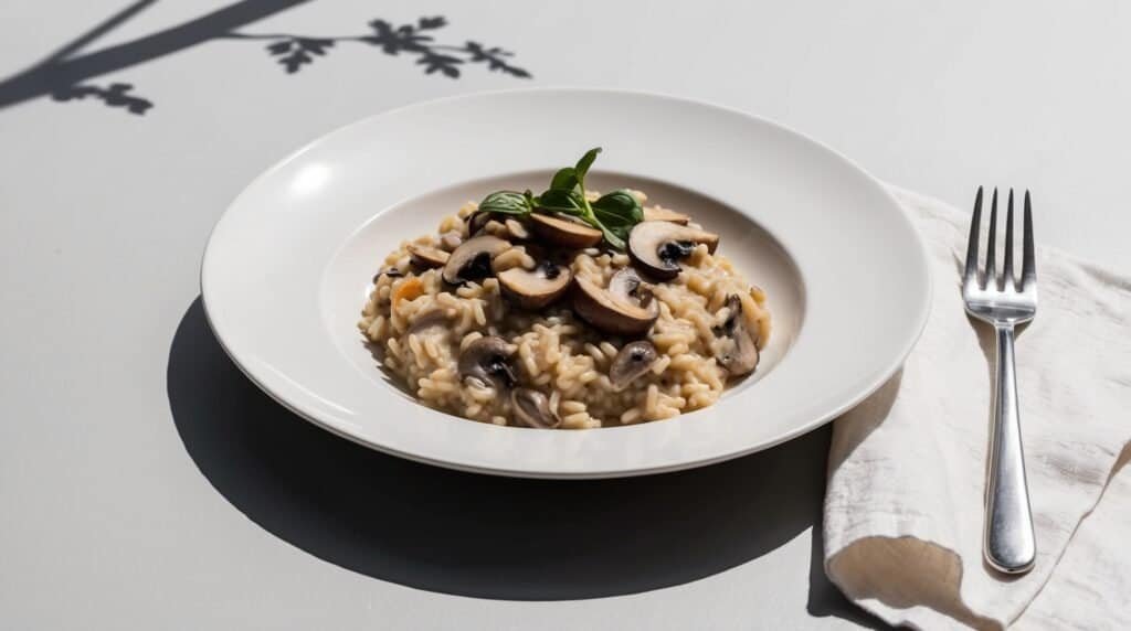 A white plate of creamy mushroom risotto garnished with fresh herbs is placed next to a folded white napkin and a fork on a light gray table.