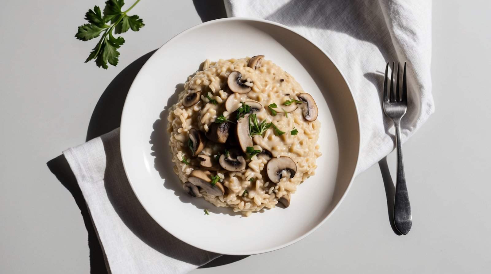 A bowl of creamy mushroom risotto garnished with parsley, placed on a white napkin with a fork beside it.