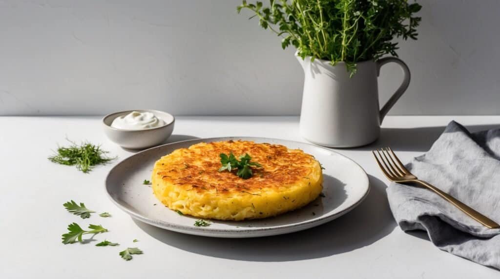 A golden, crispy Swiss Rösti on a plate garnished with parsley, accompanied by a small bowl of sour cream, a jug filled with fresh herbs, and a fork with a napkin on the side—a perfect recipe for delight.