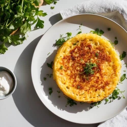 A plate with a round, golden-brown frittata garnished with greens, resembling a savory Swiss Rösti, accompanied by a small bowl of sour cream and a bunch of parsley on a wooden cutting board. A white napkin is beside the plate.