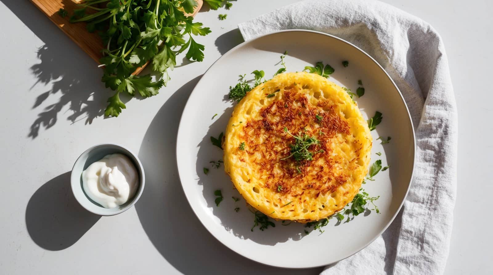 A plate with a round, golden-brown frittata garnished with greens, resembling a savory Swiss Rösti, accompanied by a small bowl of sour cream and a bunch of parsley on a wooden cutting board. A white napkin is beside the plate.