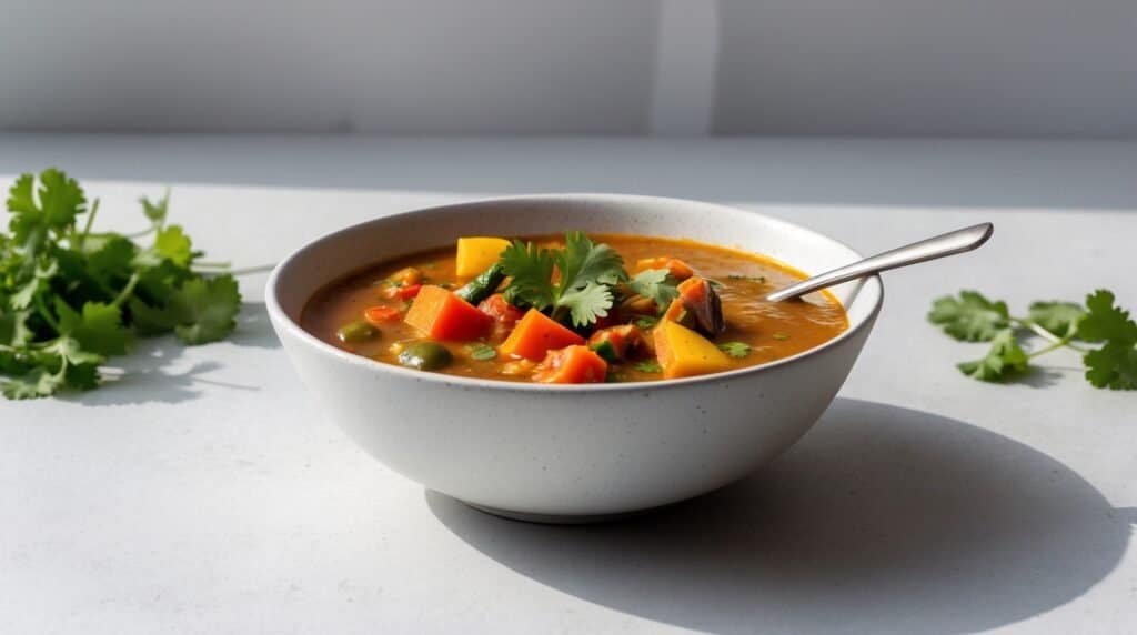 A bowl of traditional vegetable curry soup, reminiscent of a South Indian sambar recipe, with chunks of potato, bell pepper, and peas, garnished with cilantro. A spoon rests in the bowl. Fresh cilantro leaves are scattered around on the white surface.