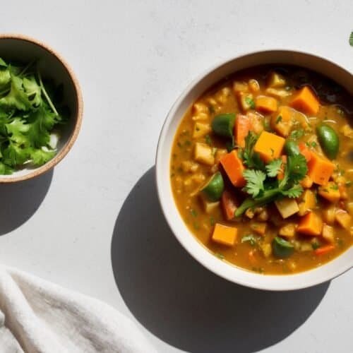 A bowl of traditional South Indian vegetable soup, resembling a delicious sambar recipe, with a spoon, garnished with cilantro, beside a small bowl of cilantro and a white cloth on a light surface.