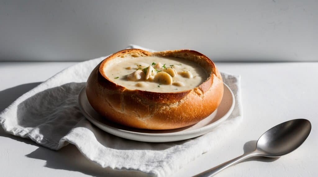 A San Francisco-Style Clam Chowder filled bread bowl garnished with herbs is placed on a white plate and napkin, next to a spoon on a white surface.