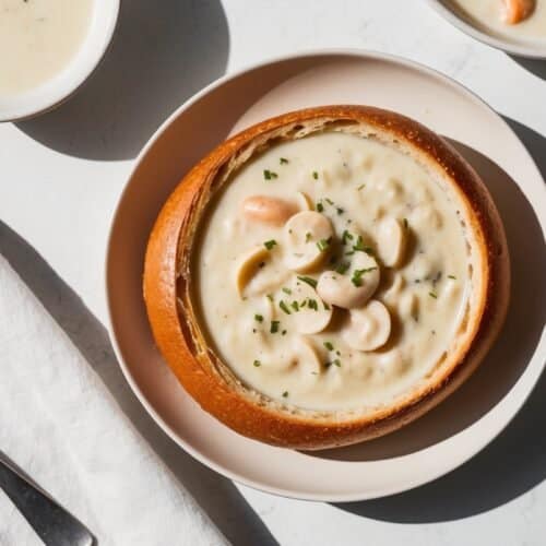 A San Francisco-style bread bowl filled with creamy clam chowder, garnished with parsley, is placed on a plate. Two bowls of soup, a spoon, and a napkin accompany it on a pristine white surface.
