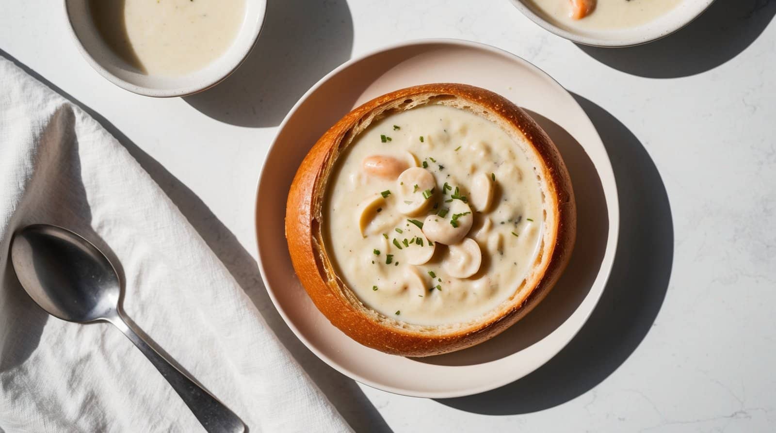 A San Francisco-style bread bowl filled with creamy clam chowder, garnished with parsley, is placed on a plate. Two bowls of soup, a spoon, and a napkin accompany it on a pristine white surface.