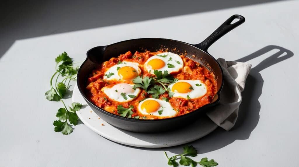 A classic skillet of shakshuka, featuring four sunny-side-up eggs in a rich tomato sauce, garnished with cilantro sprigs, sits on a light-colored surface. Perfect for a breakfast recipe that delights both the eyes and the palate.