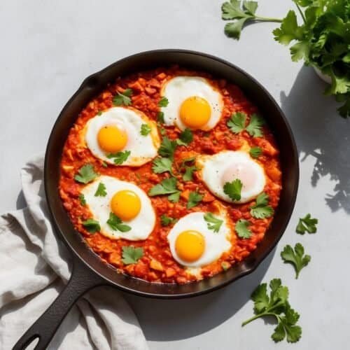 A classic shakshuka in a cast iron skillet: four poached eggs in a spiced tomato sauce, garnished with cilantro. A bunch of cilantro and a light-colored cloth lie beside the skillet on a gray surface, perfect for an impressive breakfast recipe.