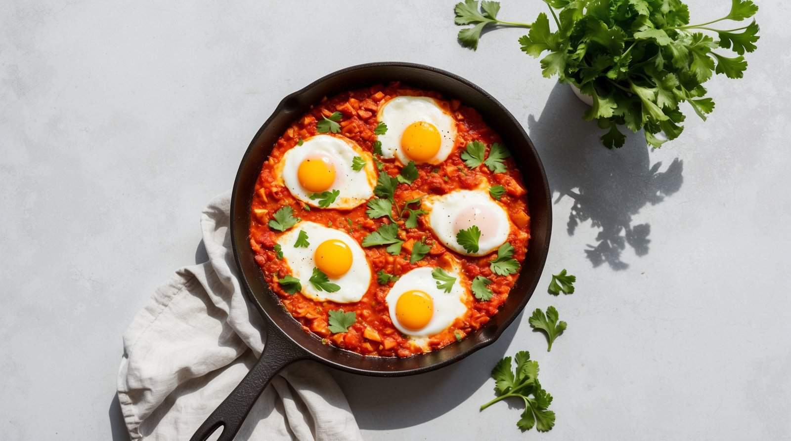 A classic shakshuka in a cast iron skillet: four poached eggs in a spiced tomato sauce, garnished with cilantro. A bunch of cilantro and a light-colored cloth lie beside the skillet on a gray surface, perfect for an impressive breakfast recipe.