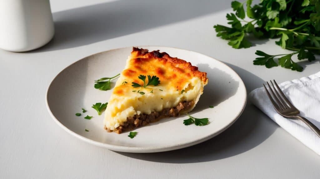 A classic slice of shepherd's pie made with minced lamb, garnished with parsley on a white plate, sits next to a fork and napkin.