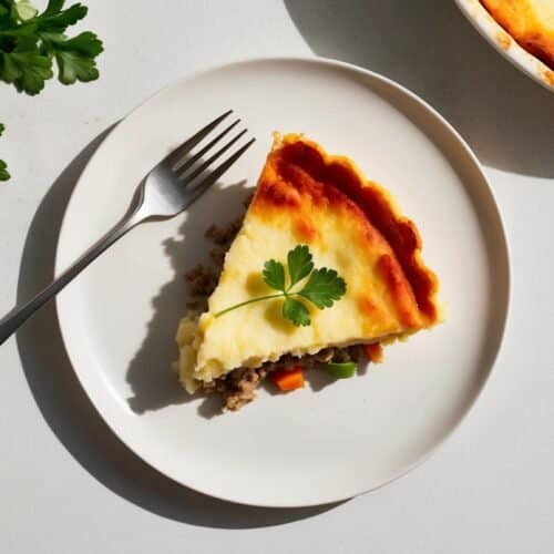 A classic slice of shepherd's pie, made with minced lamb, garnished with a parsley leaf on a white plate with a fork, next to a whole pie and a sprig of fresh parsley.