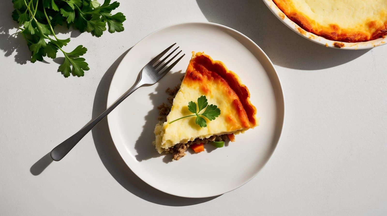 A classic slice of shepherd's pie, made with minced lamb, garnished with a parsley leaf on a white plate with a fork, next to a whole pie and a sprig of fresh parsley.