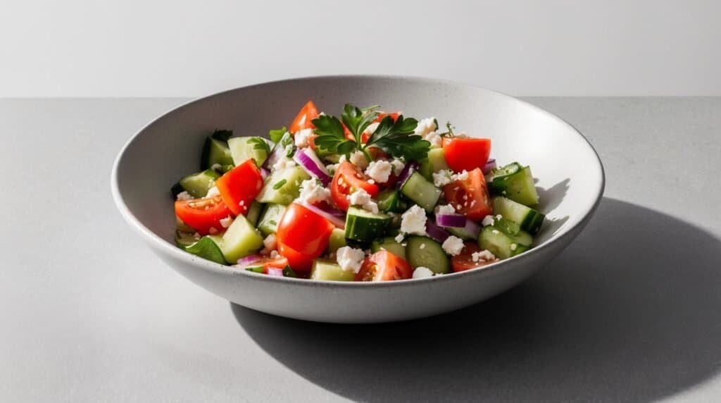 A white bowl contains a refreshing Bulgarian Shopska Salad with tomatoes, cucumbers, red onions, and feta cheese, garnished with a sprig of parsley, placed against a plain background.