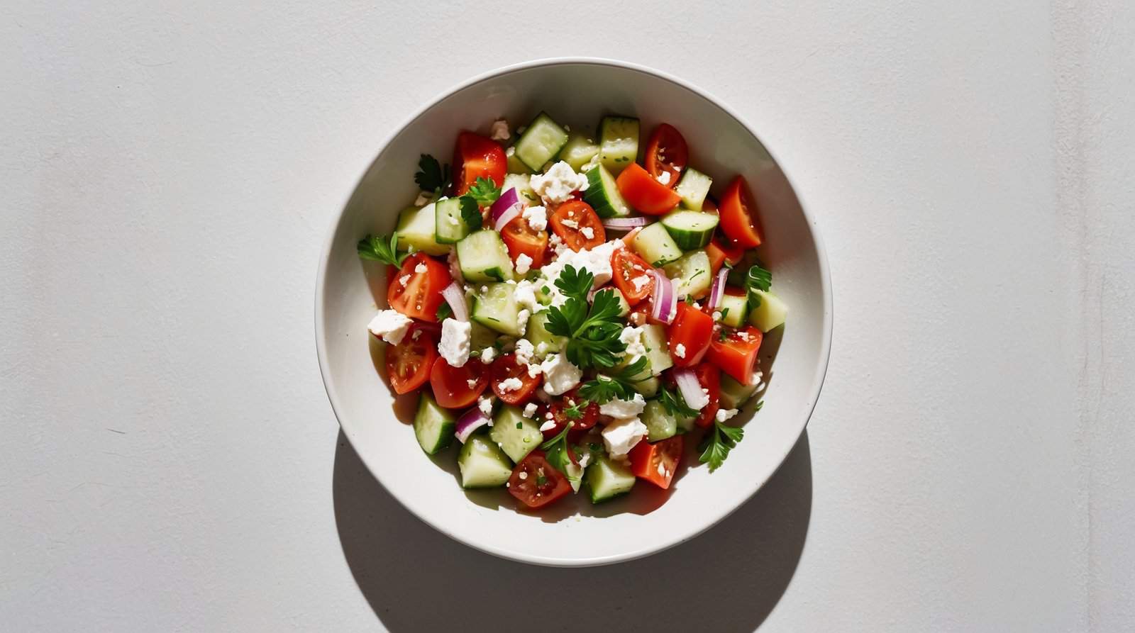 A bowl of refreshing salad containing chopped cucumbers, tomatoes, red onions, feta cheese, and parsley, placed on a white surface. This Bulgarian Shopska Salad is perfect for any occasion.