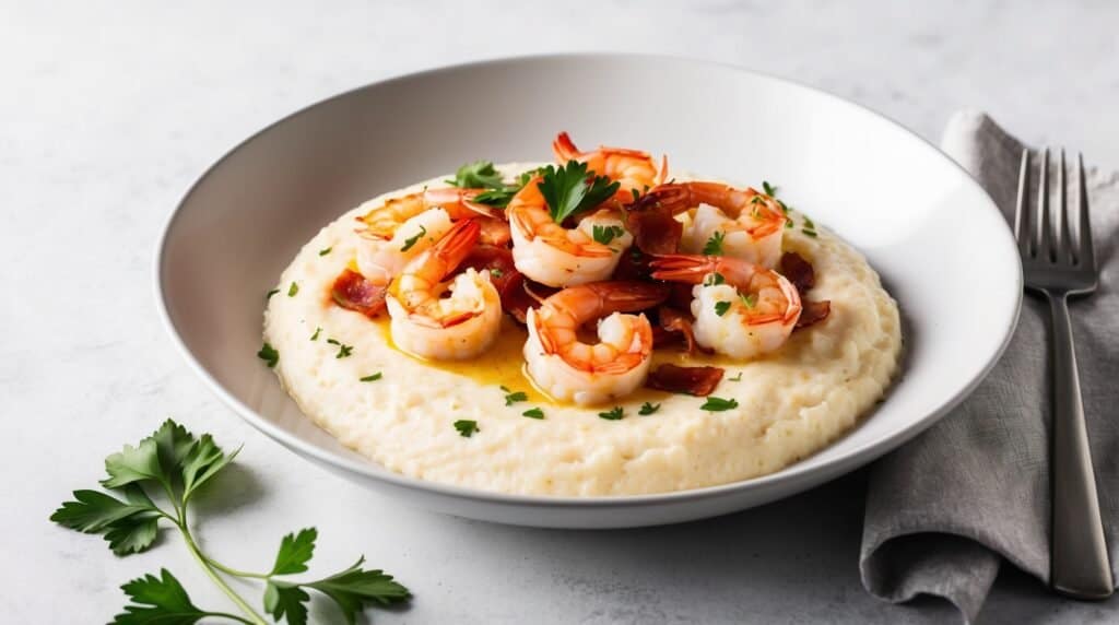 A bowl of creamy grits topped with succulent shrimp, chopped parsley, and crispy bacon pieces. A sprig of parsley and a grey napkin with a fork and knife are placed beside the bowl, making this grits recipe an irresistible delight.