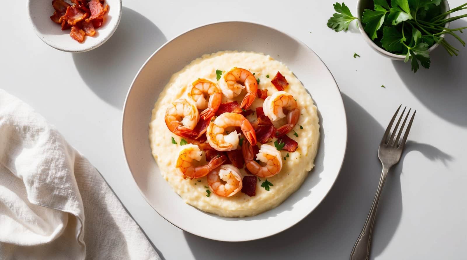 A plate of shrimp and grits topped with pieces of crispy bacon, garnished with parsley, is set on a table alongside a fork, a napkin, a small bowl of bacon, and fresh parsley. This mouthwatering recipe combines the savory flavors of the South in every bite.