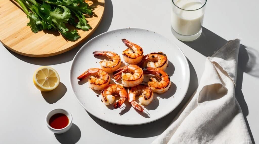 Plate of grilled shrimp with a slice of lemon, small bowl of sauce, parsley on a cutting board, a glass of milk, and a white napkin on a white surface—perfect for any shrimp recipe lover.