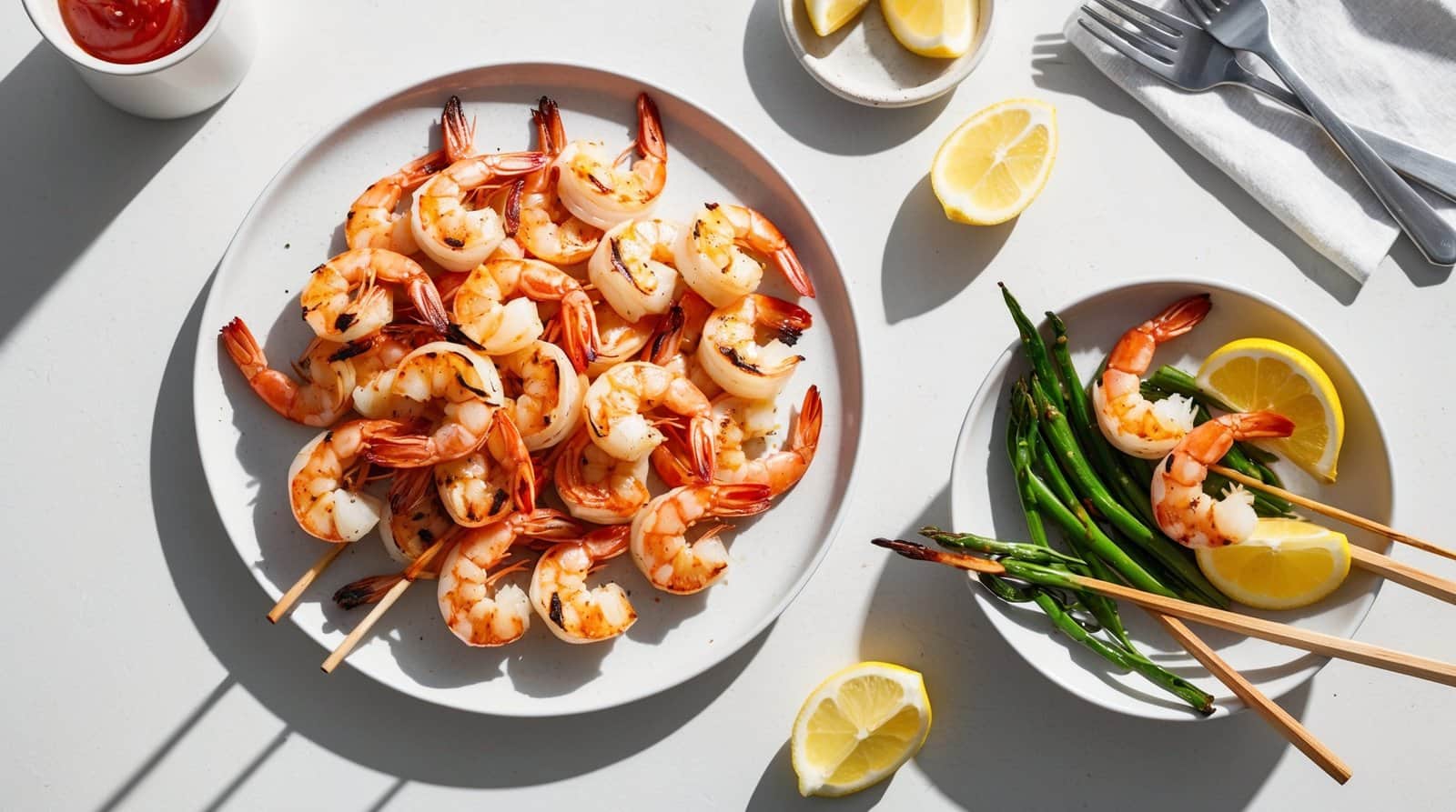 A plate of grilled shrimp with lemon wedges and a small plate of shrimp skewers and green beans, accompanied by a napkin and silverware on a white surface—an impeccable Barbie Recipe.