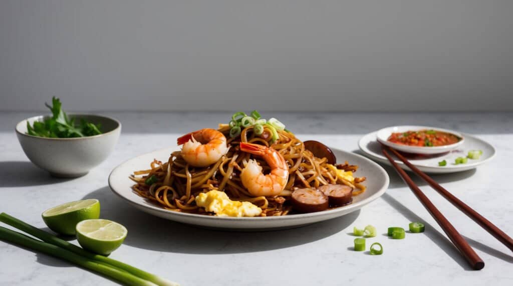 A plate of authentic Singaporean Char Kway Teow with shrimp, sausage, and garnished with green onions. Next to it, a bowl of greens, lime halves, chopped green onions, and a small dish of sauce. Chopsticks are beside the plate.