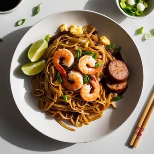 A plate of authentic Char Kway Teow topped with shrimp, sausages, and garnished with lime wedges and green onions, beside chopsticks, a small bowl of soy sauce, and a bowl of chopped green onions. Experience the flavors of Singaporean cuisine in every bite.