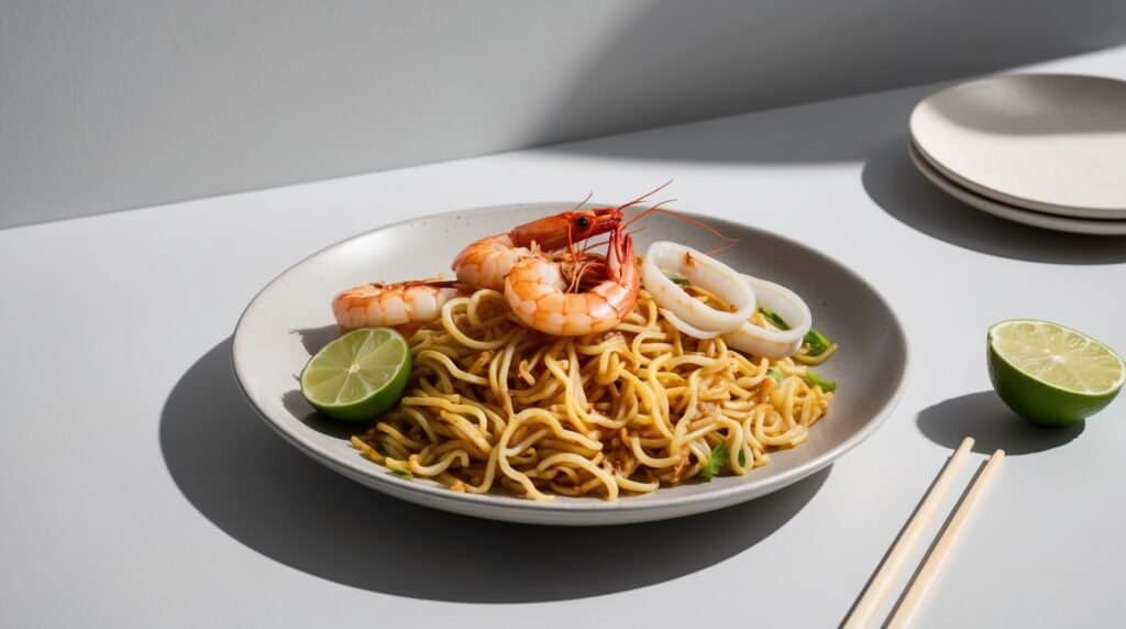 Plate of Hokkien Mee topped with shrimp and calamari, garnished with lime halves, and accompanied by wooden chopsticks on a light grey table. This flavorful recipe is a true delight for seafood lovers.