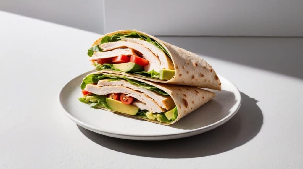 A plate with a halved chicken wrap filled with sliced turkey, lettuce, avocado, and tomato makes for a nutritious recipe.