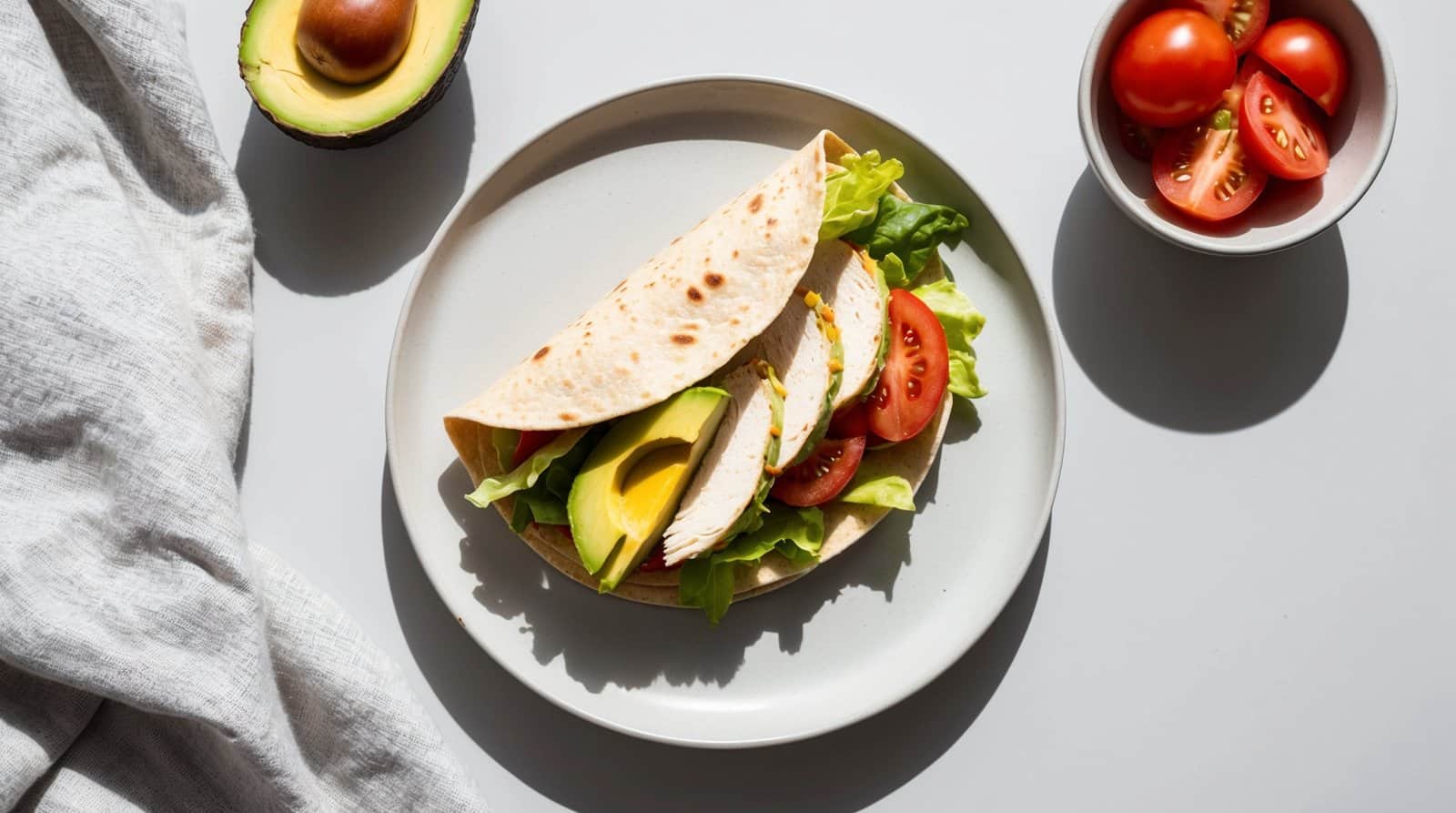 A nutritious chicken wrap filled with sliced avocado, lettuce, tomato, and chicken on a white plate. A halved avocado and a bowl of cherry tomatoes sit beside the plate for a quick and nutritious meal.